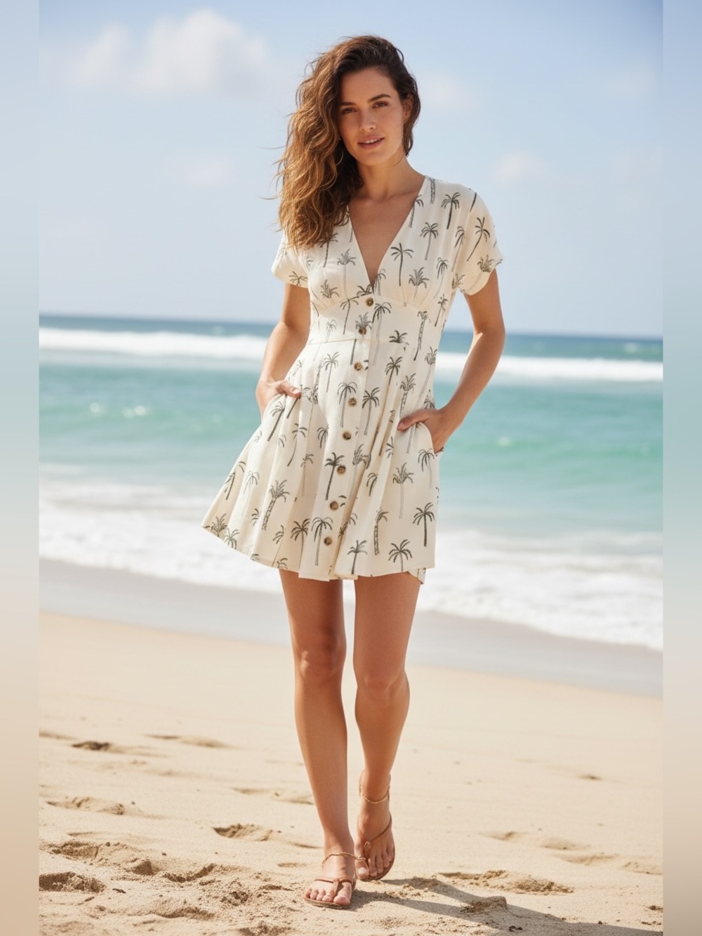Marine Layer Camila Cream Dress with Palm Trees and Tie Back